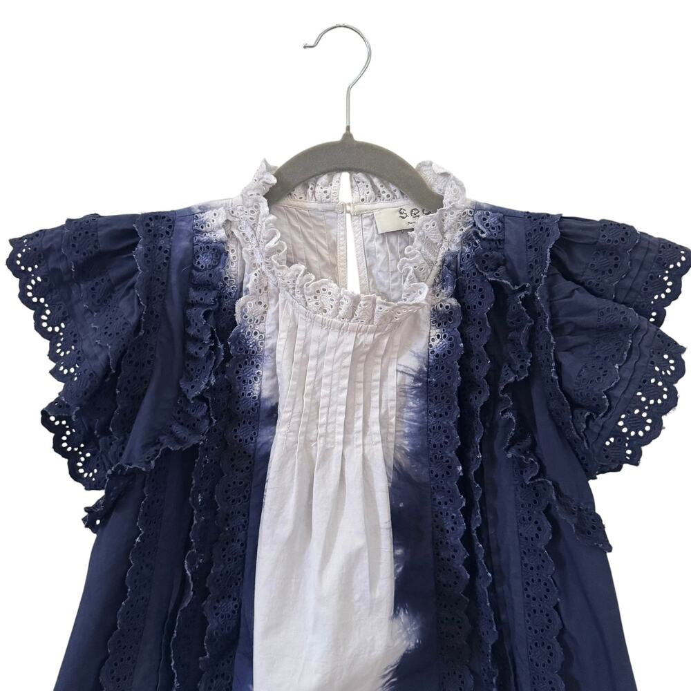Sea New York Evelyn Eyelet Ruffle Tie Dye Blouse Blue White Size XS - Picture 4 of 8